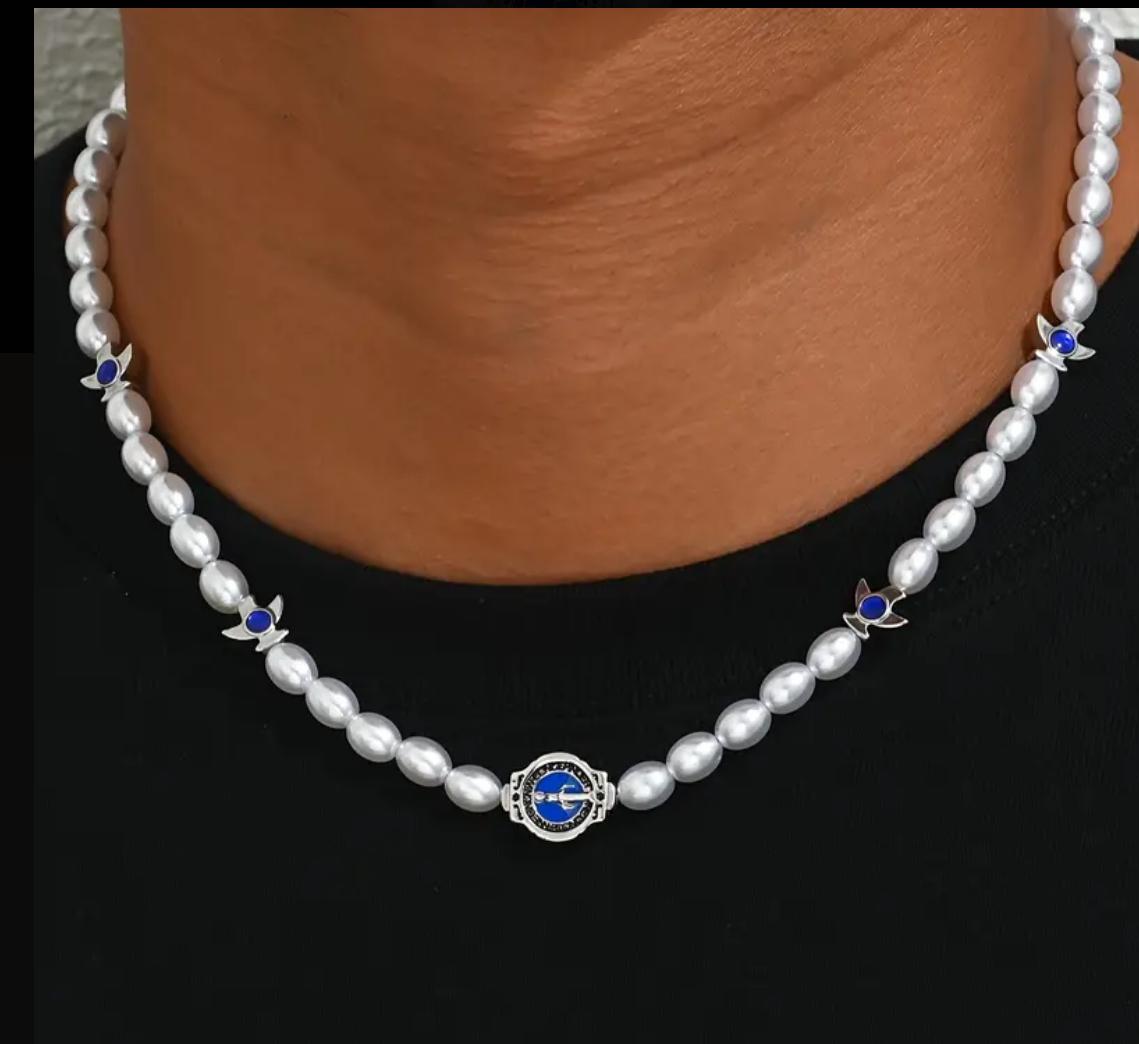 Elegant Pearl & Blue Stone Choker Necklace