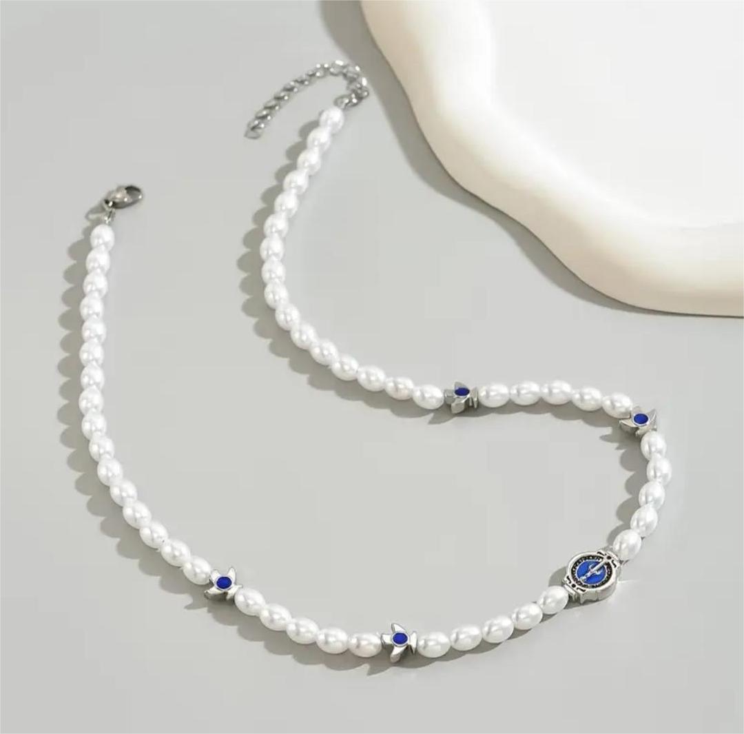 Elegant Pearl & Blue Stone Choker Necklace